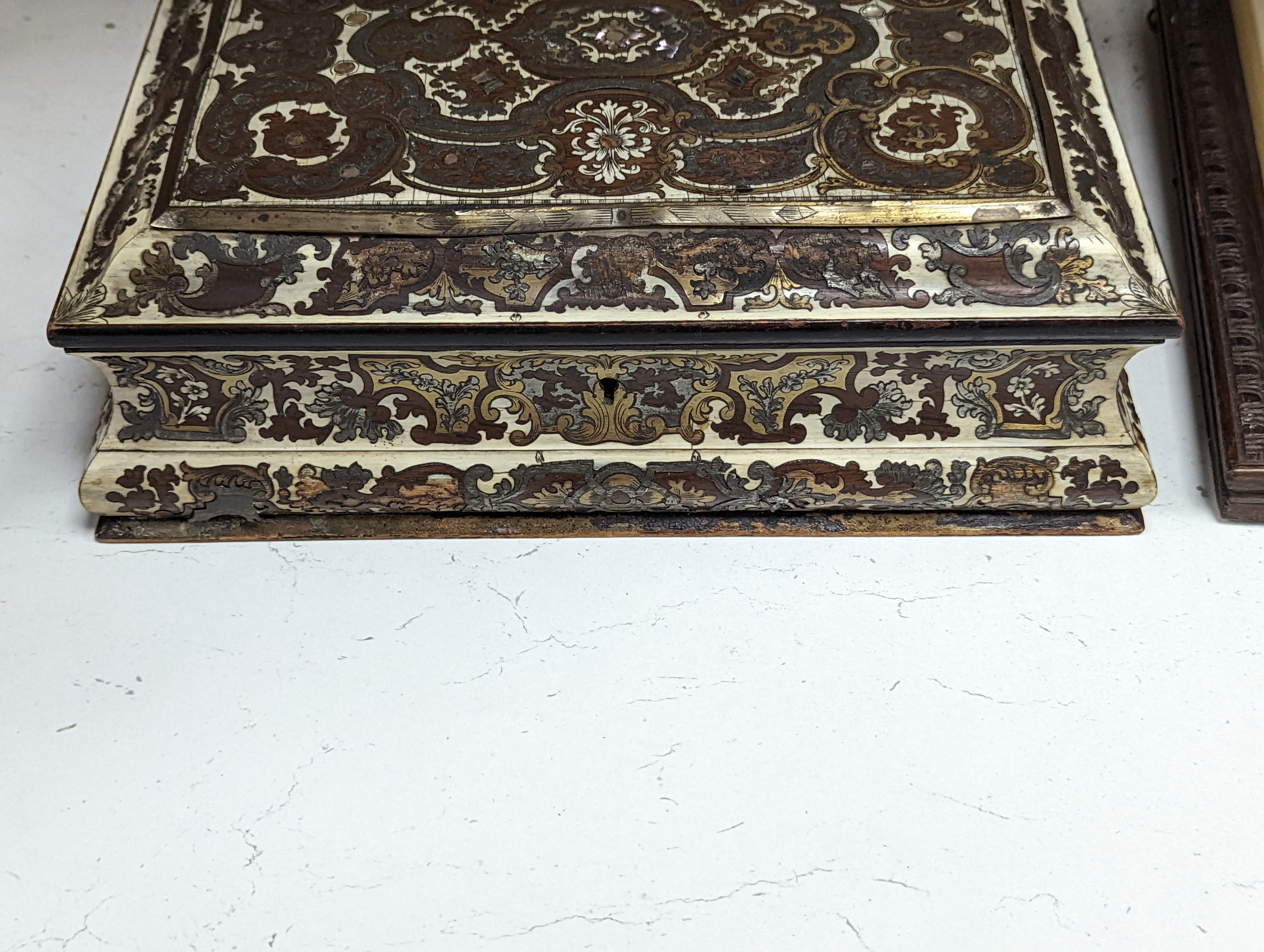 A 19th century French cut brass pewter and ivory inlaid jewellery box, h 10cm, 27 x 19cm, together with a parquetry box (2)